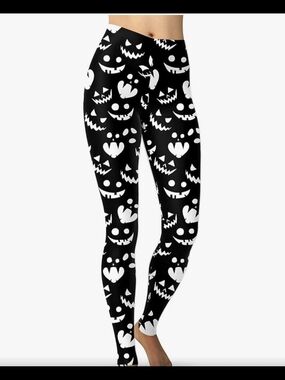 SISSYCOS Black Leggings with White Halloween Faces
